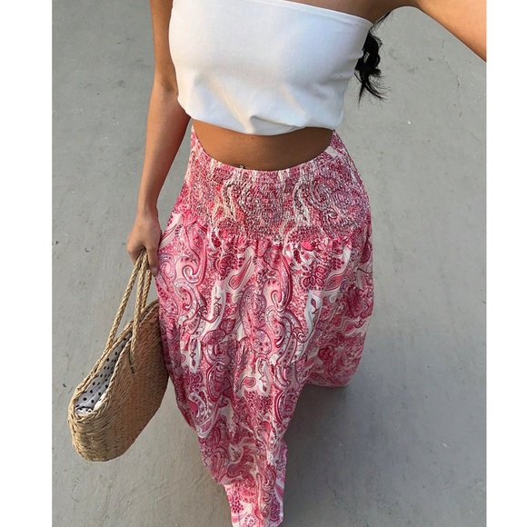 Boho Paisley Print Smocked Stretchy Waist maxi Skirt - Picture 6 of 8